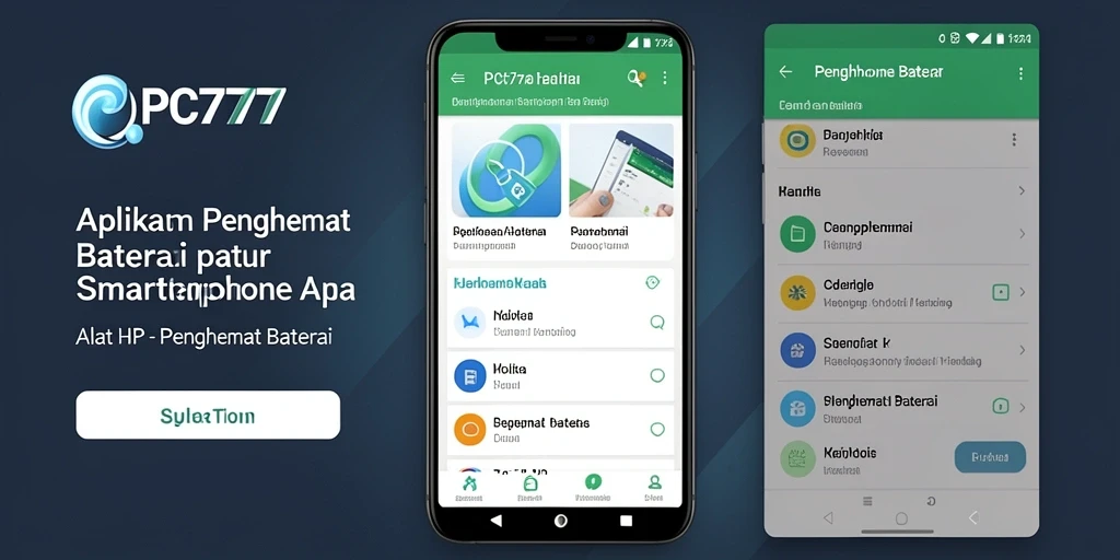 Antarmuka utama aplikasi PC777 yang menunjukkan fungsi penghemat baterai.